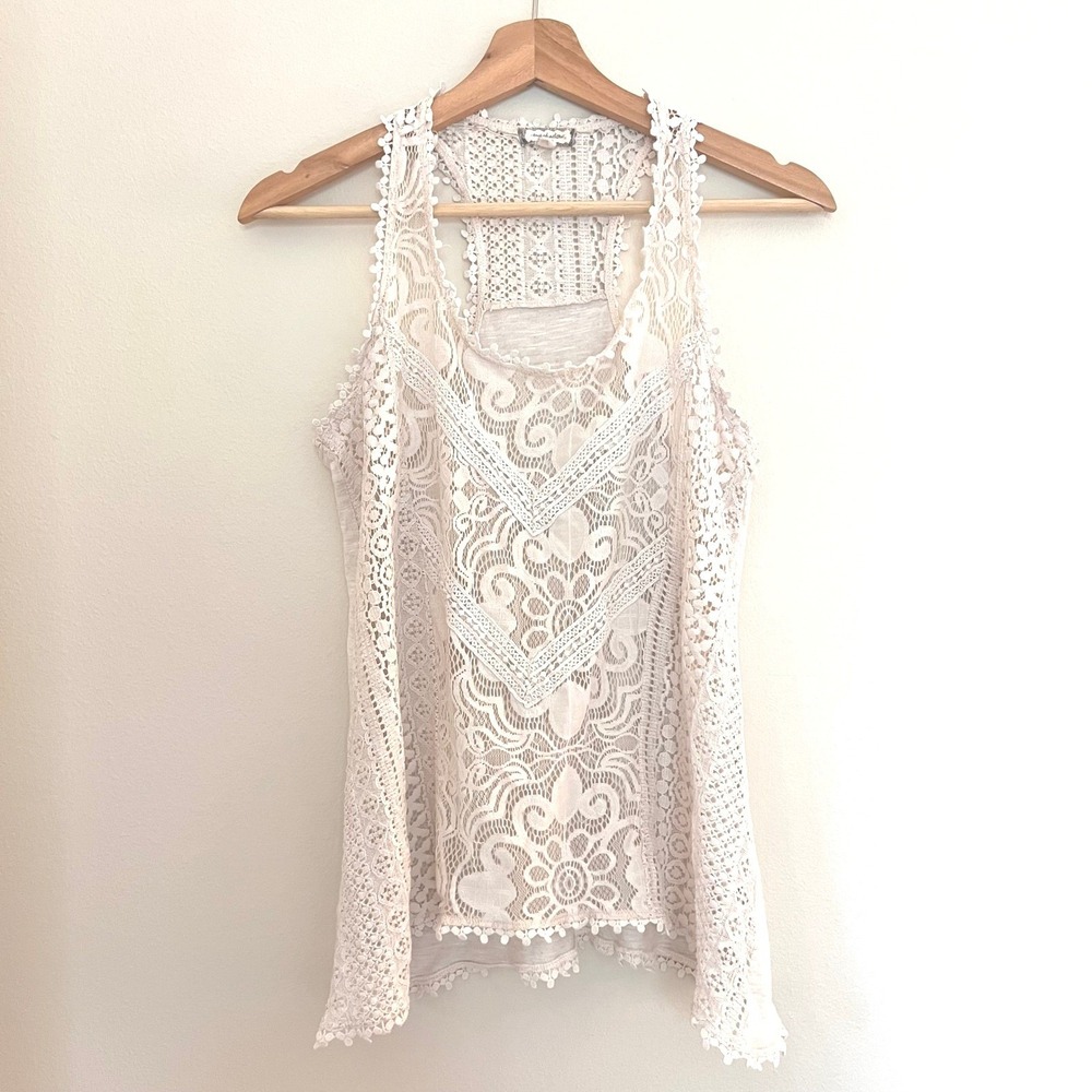 Cream Lace Crochet Racerback Boho Festival Tank Top Womens Small by Eyeshadow